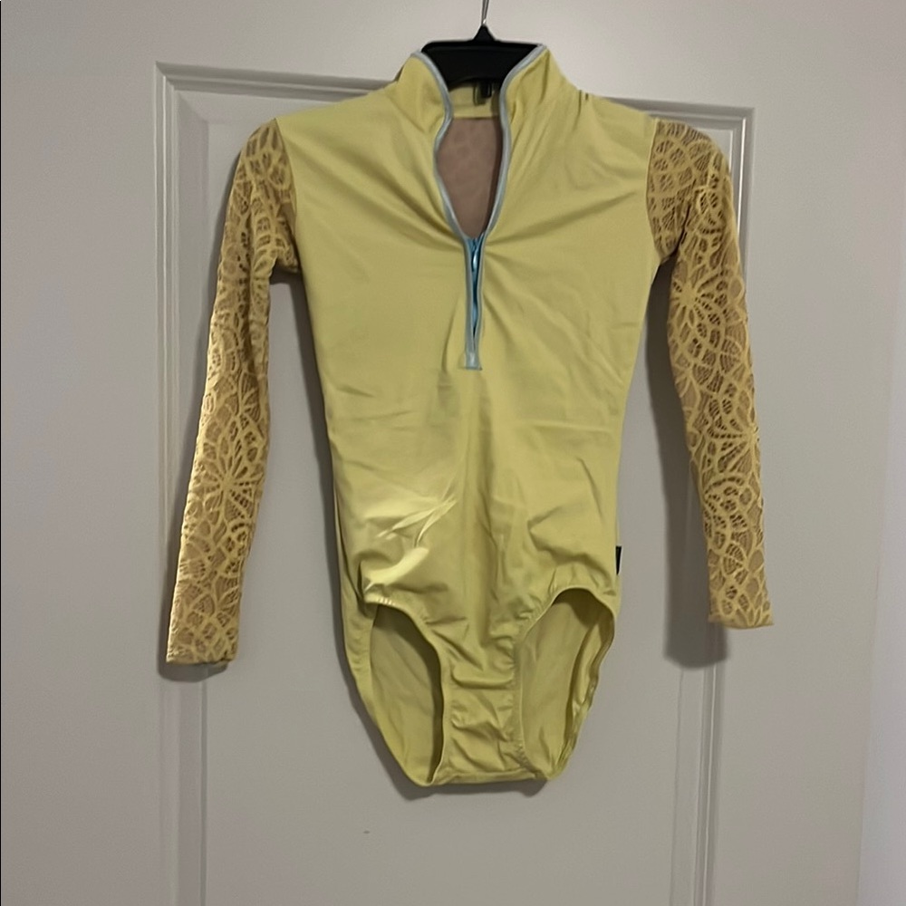 Yellow long sleeve quarter zip leotard with lace mesh. Dancewear Royals size S